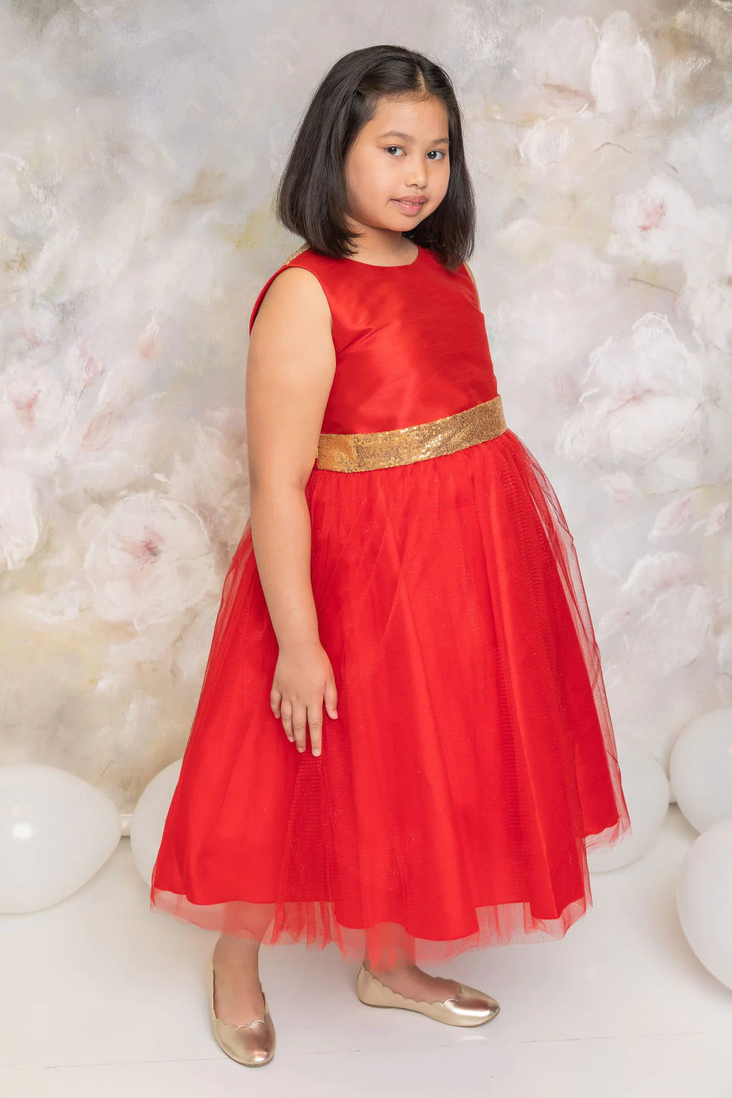 Gold Sequin Back V Dress Red