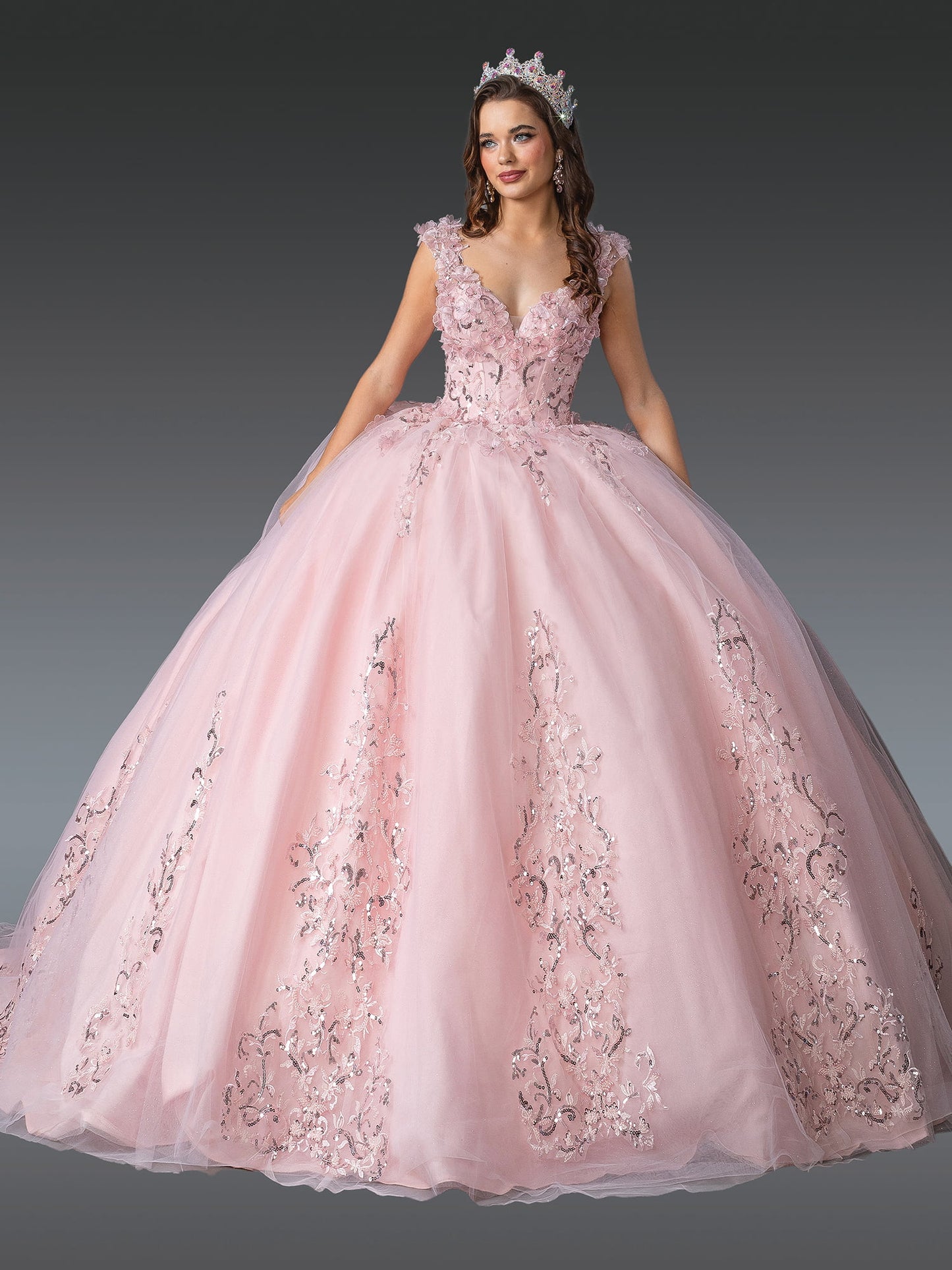 Elegant V-Neck Ball Gown Quinceañera Dress with Embroidered Lace Appliqués and Full Skirt Quinceanera Dress