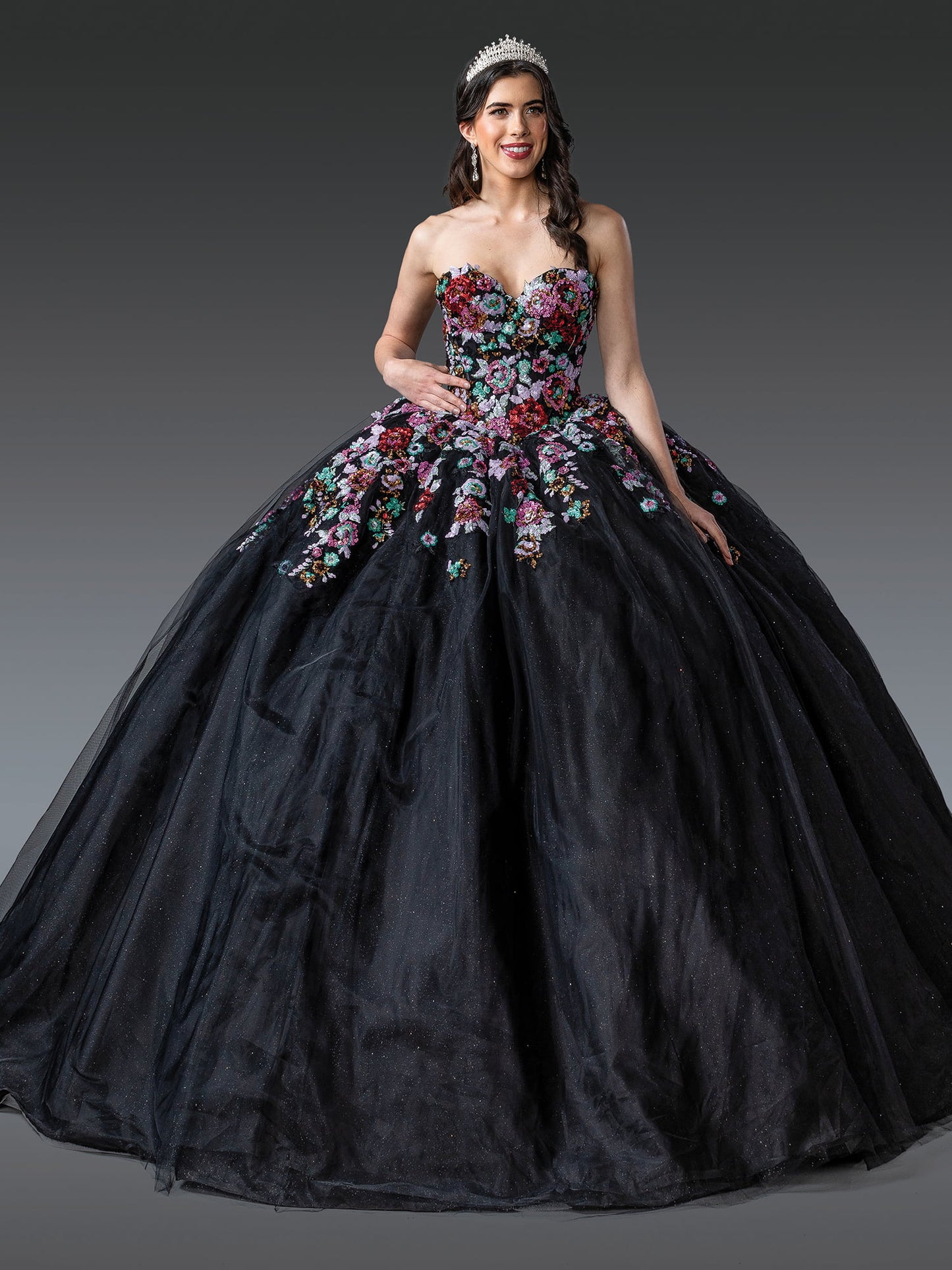 Striking Strapless Ball Gown Quinceañera Dress with Floral Appliqués and Beaded Bodice Quinceanera Dress