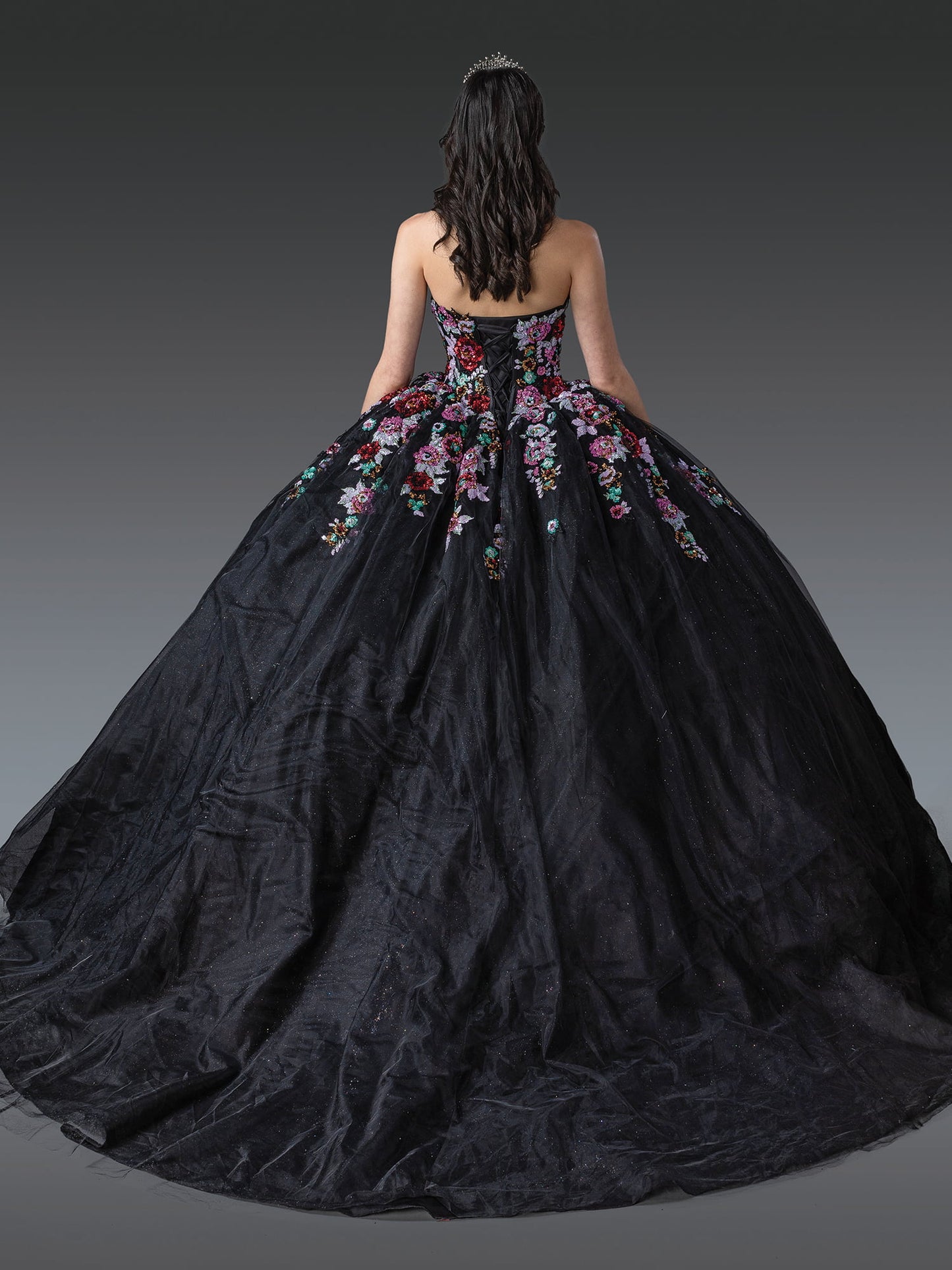 Striking Strapless Ball Gown Quinceañera Dress with Floral Appliqués and Beaded Bodice Quinceanera Dress