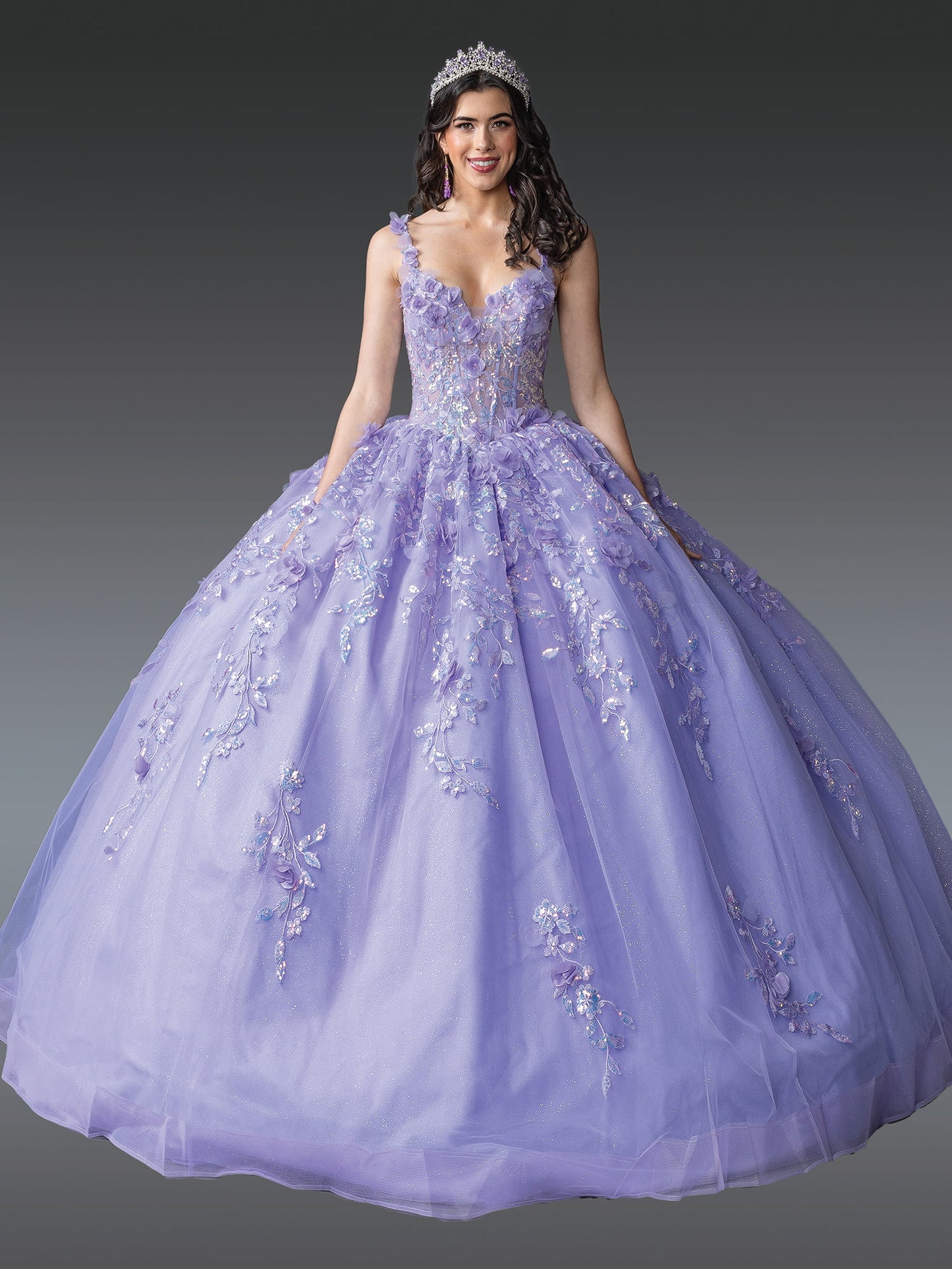 Elegant V-Neck Ball Gown Quinceañera Dress with Embroidered Floral Details and Sheer Overlay Quinceanera Dress