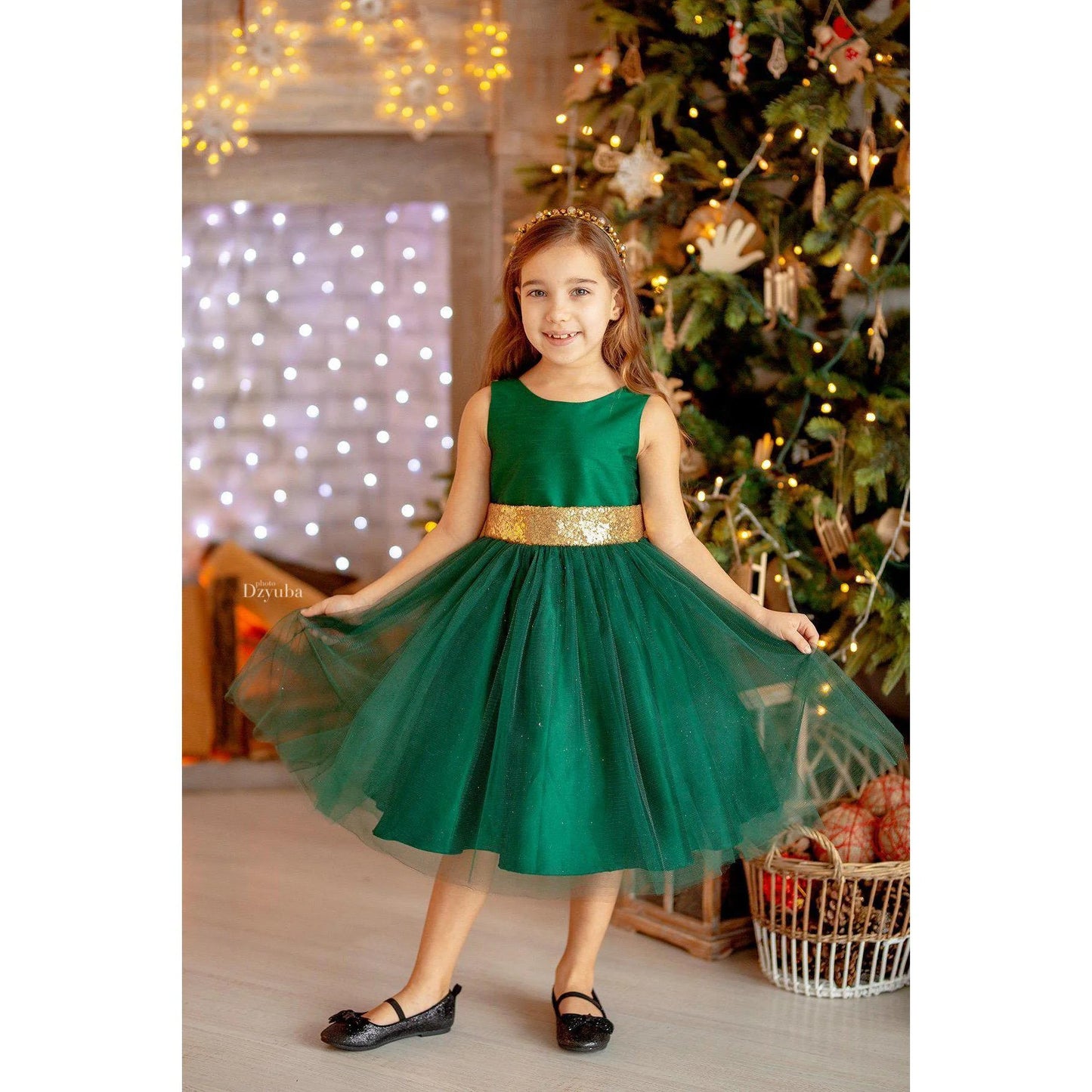 Gold Sequin Back V Dress Royal Green