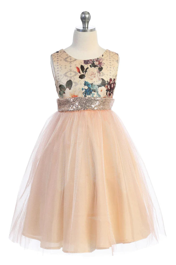 Vintage Floral Rose Gold Sequin Back V Dress Blush Pink