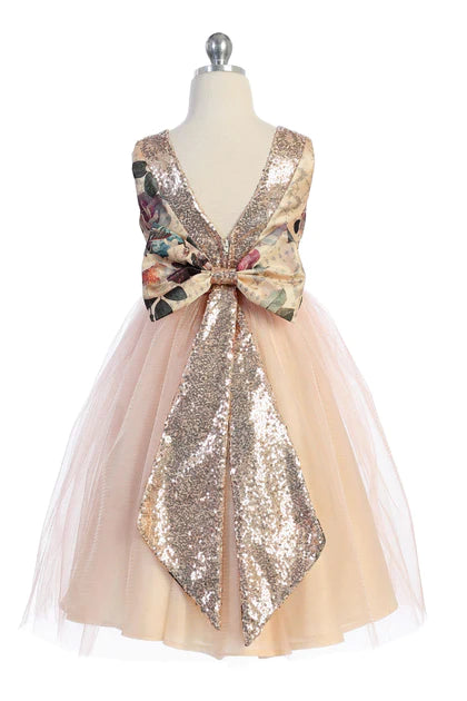 Vintage Floral Rose Gold Sequin Back V Dress Blush Pink
