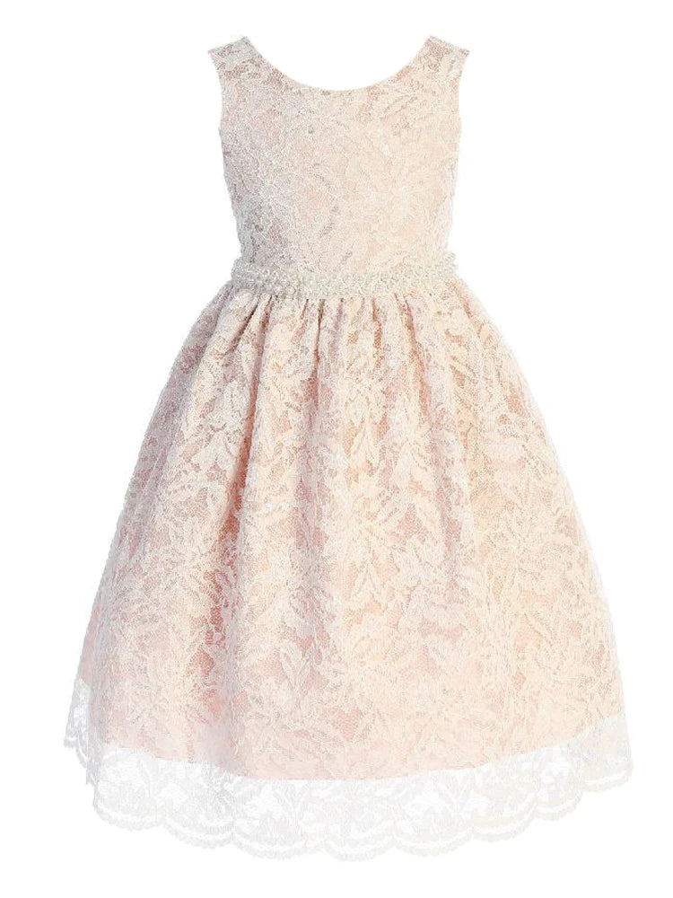 Lace V Back Bow Dress w/ Mesh Pearl Trim