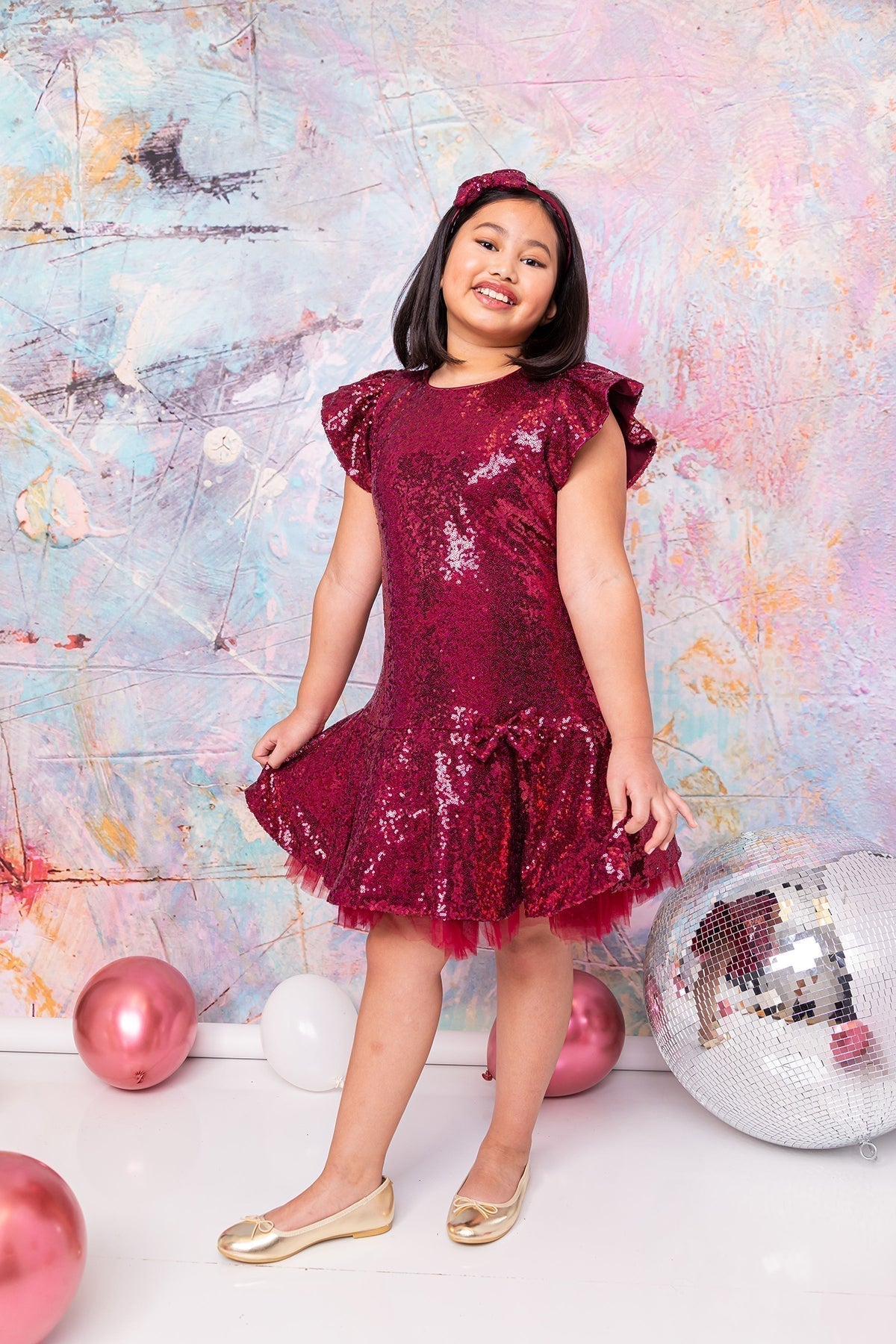 Sequin Ruffle Sleeve Tutu Dress/Blush Pink
