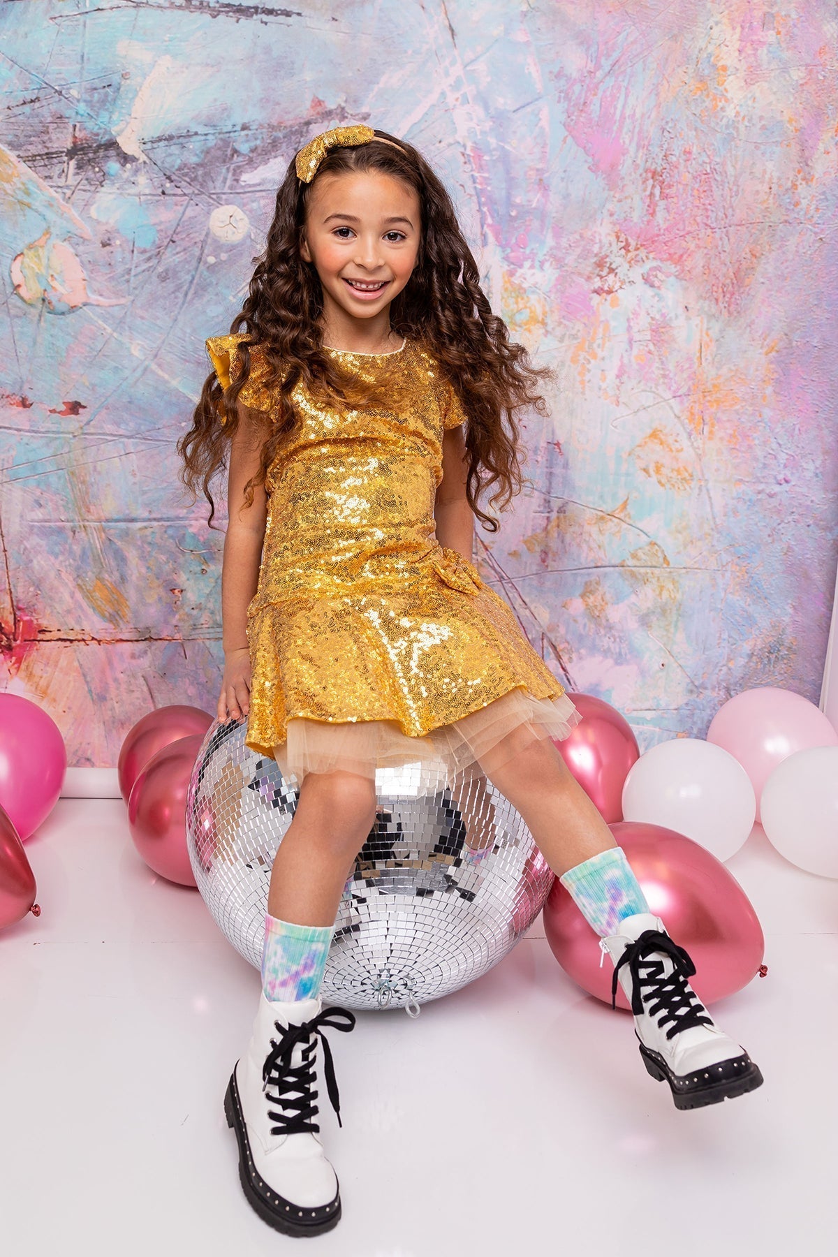 Sequin Ruffle Sleeve Tutu Dress/Gold