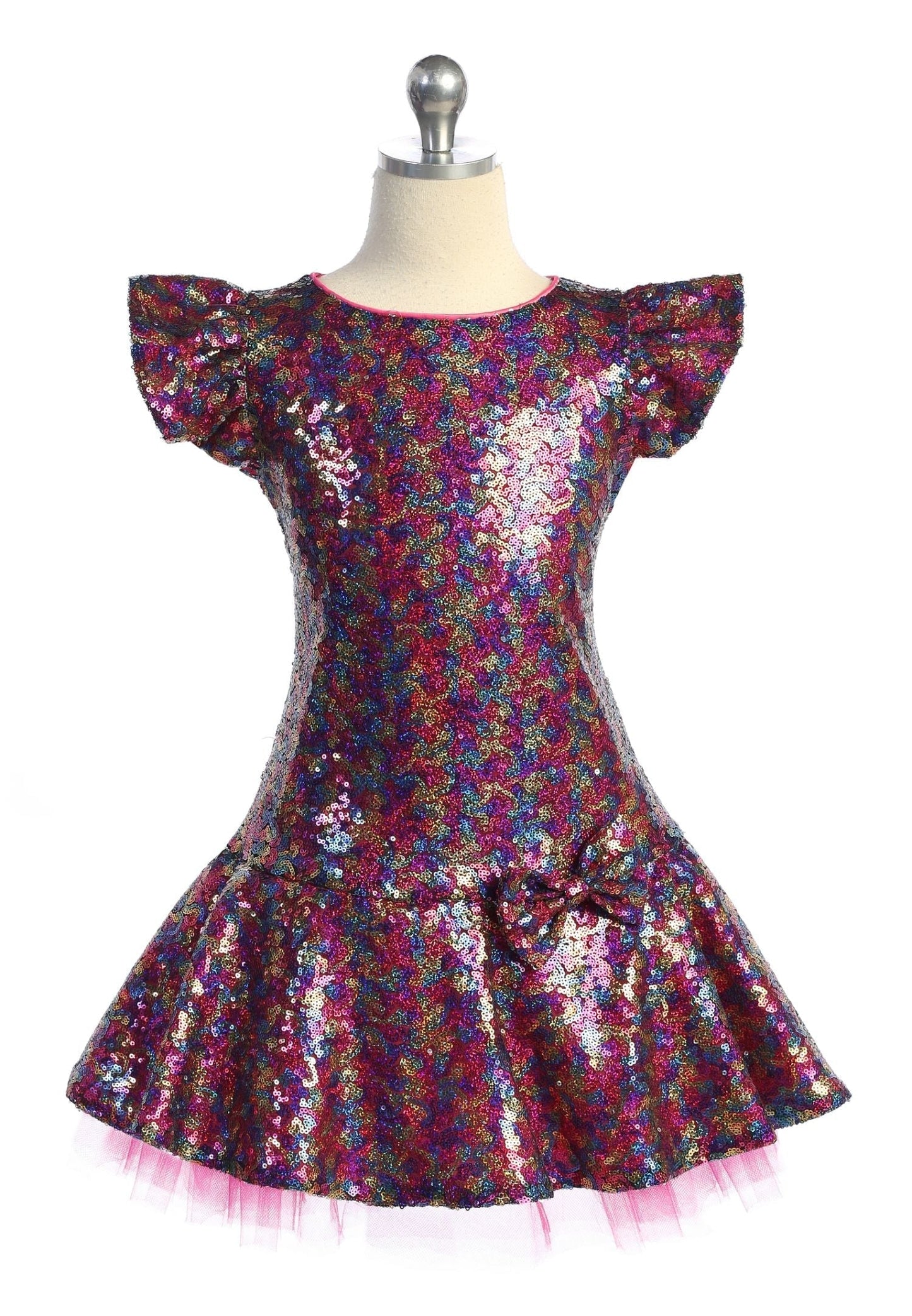 Sequin Ruffle Sleeve Tutu Dress/Burgundy