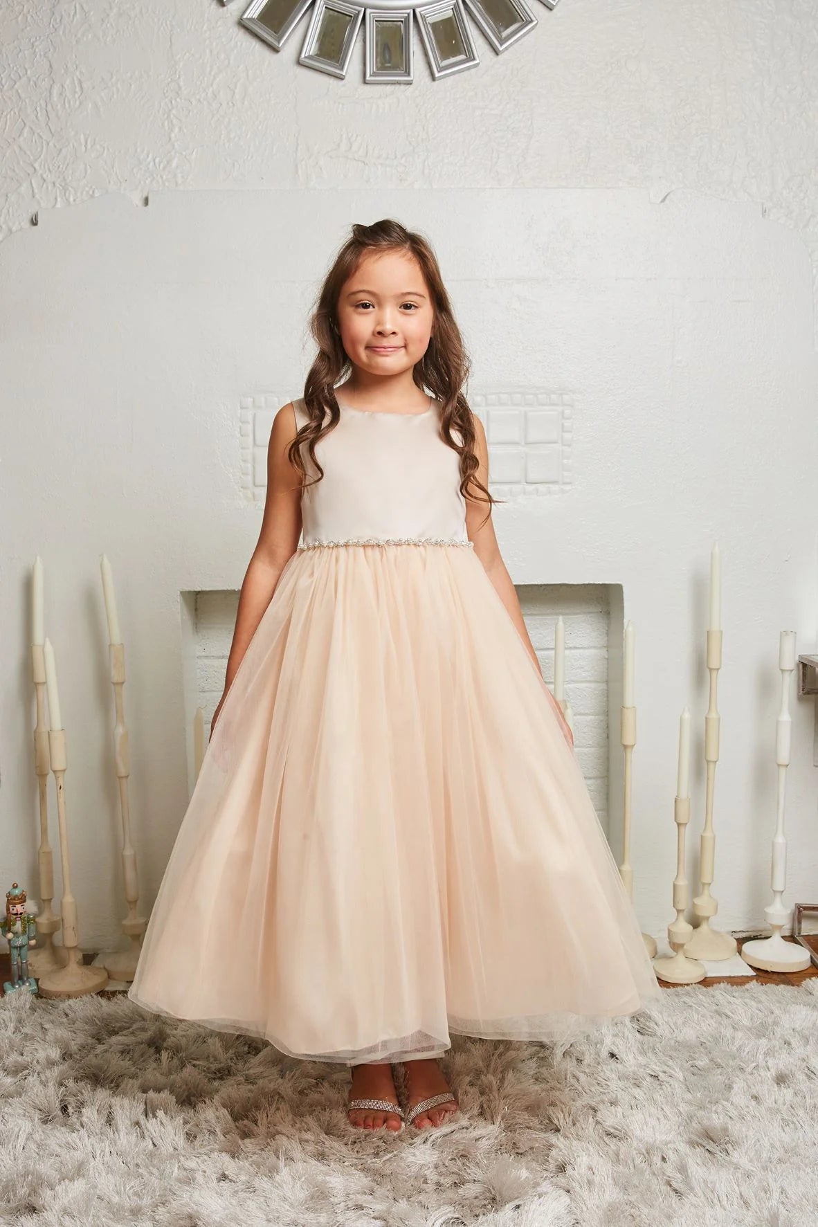 Satin Top Dress w/ Wavy Rhinestone & Pearl Trim