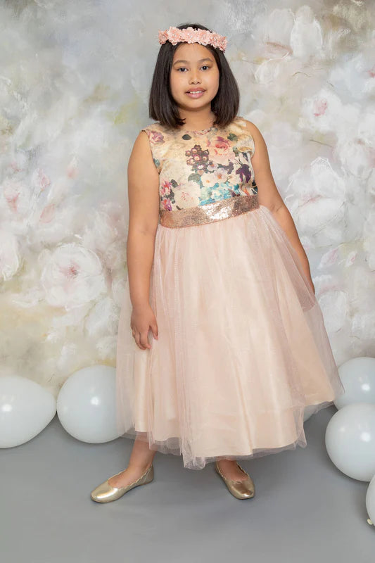 Vintage Floral Rose Gold Sequin Back V Dress Blush Pink