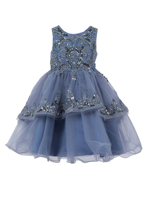 Elegant sleeveless sequin lace dress decorated with sequin flowers/Smokey Blue