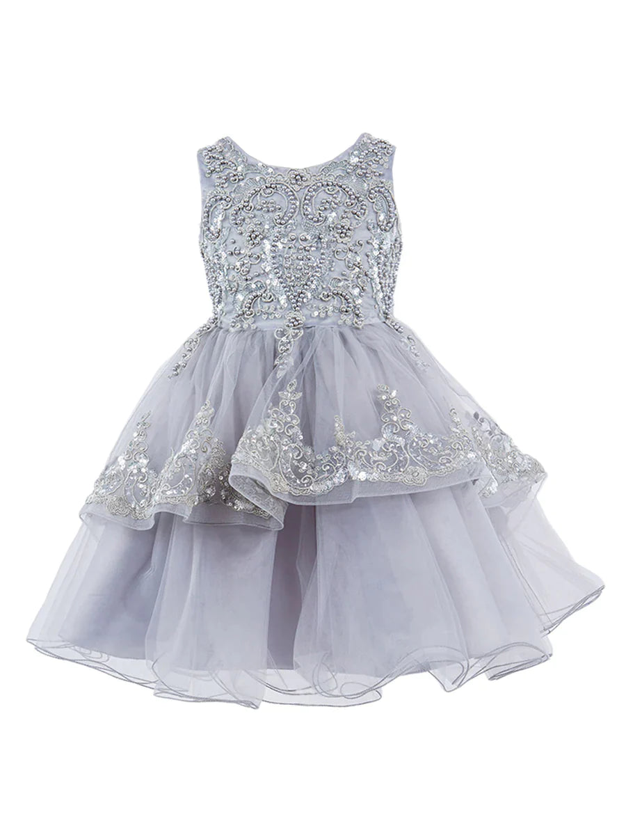 Elegant sleeveless sequin lace dress decorated with sequin flowers/Smokey Blue