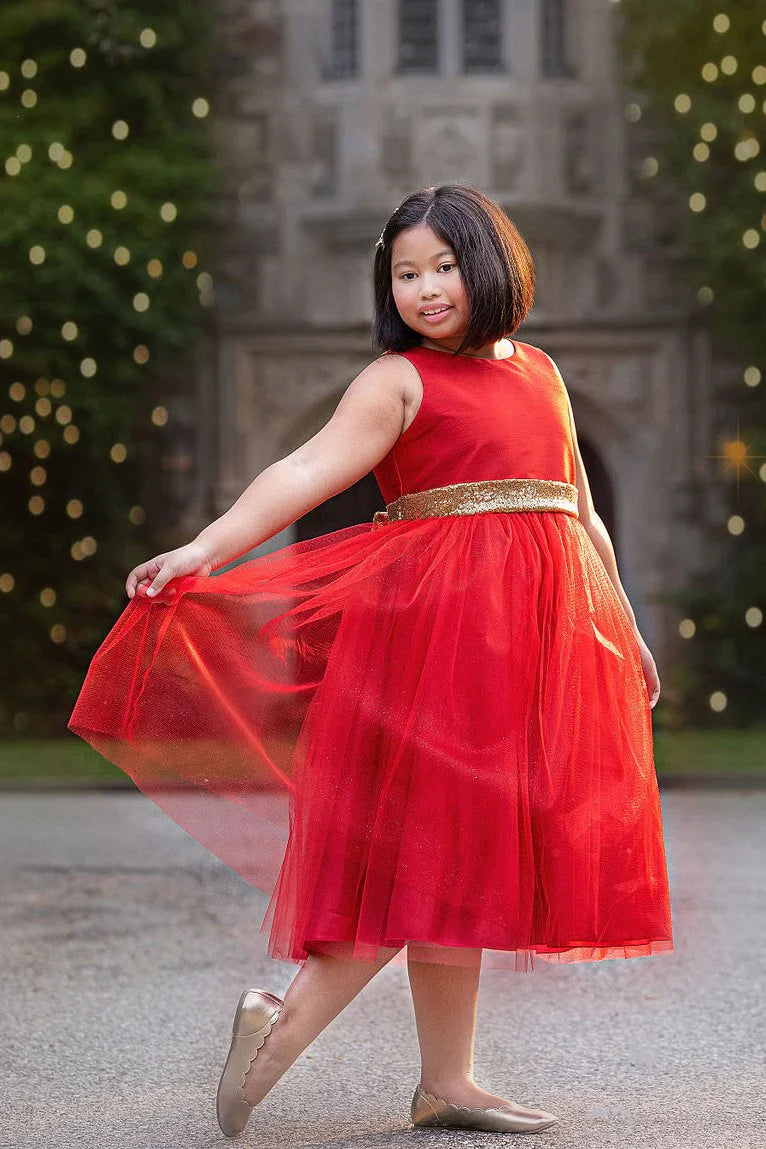 Gold Sequin Back V Dress Red