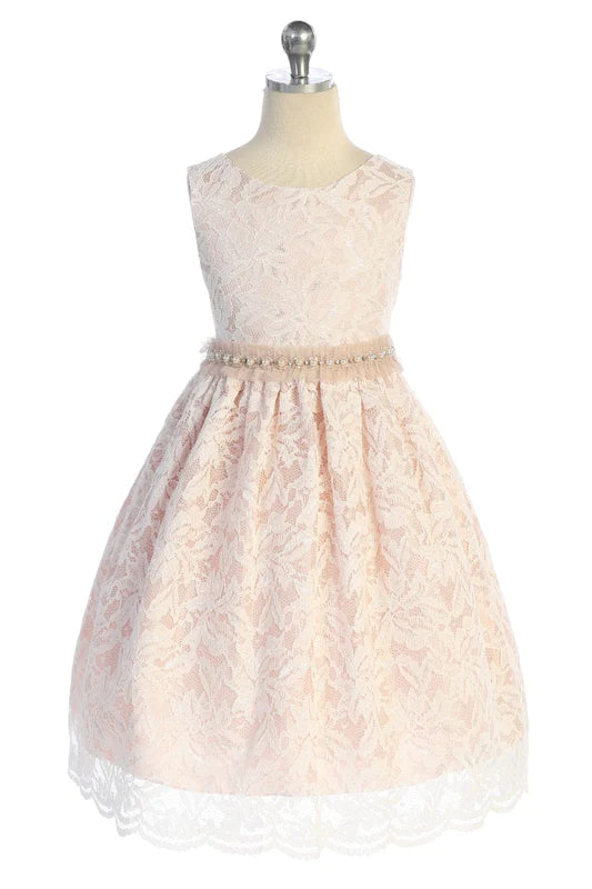 Lace V Back Bow Dress w/ Mesh Pearl Trim