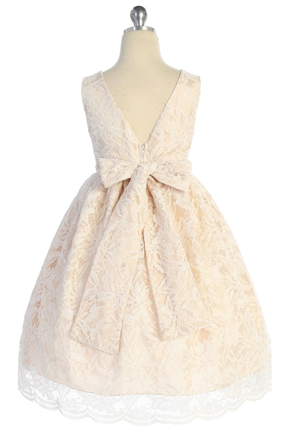 Lace V Back Bow Dress w/ Mesh Pearl Trim