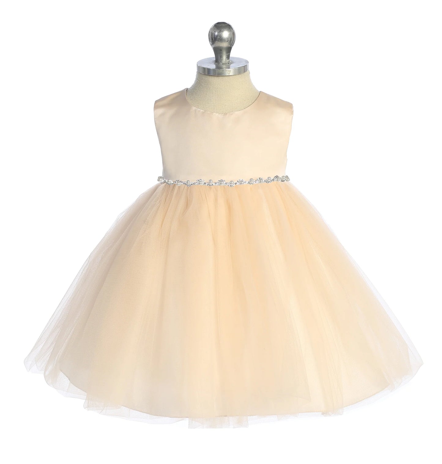 Satin Top Dress w/ Wavy Rhinestone & Pearl Trim