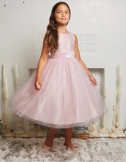 Pink Iridescent Sequin Back V Bow Dress