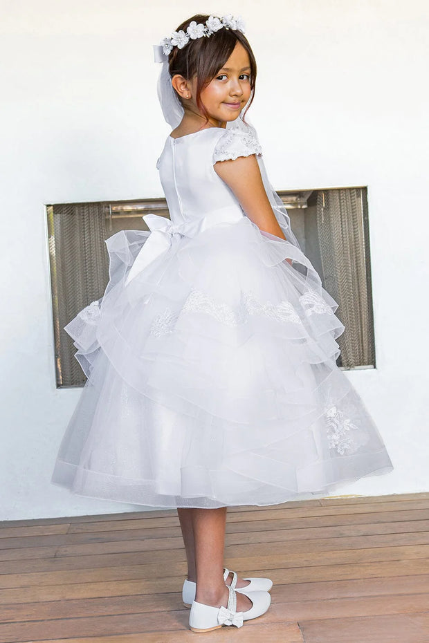 Style# 2017 Elegant satin cap sleeve T-length communion dress with beads and laces, back satin sash, adorned with 3D flower lace.