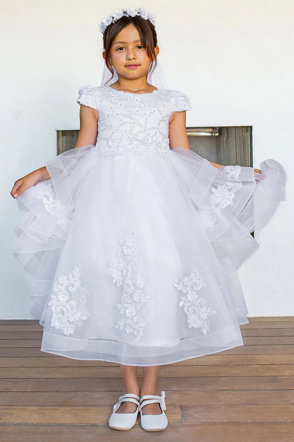 Style# 2017 Elegant satin cap sleeve T-length communion dress with beads and laces, back satin sash, adorned with 3D flower lace.