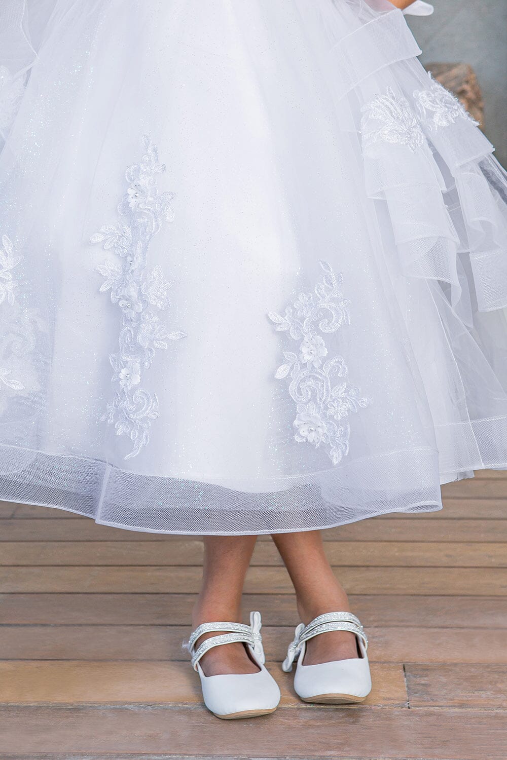 Style# 2017 Elegant satin cap sleeve T-length communion dress with beads and laces, back satin sash, adorned with 3D flower lace.