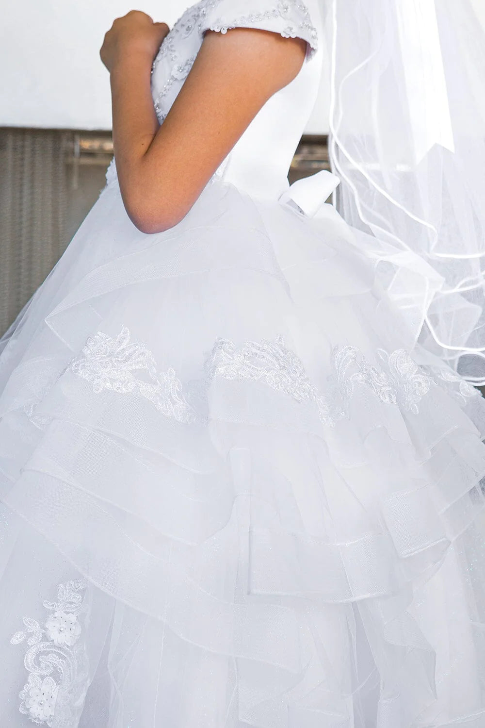 Style# 2017 Elegant satin cap sleeve T-length communion dress with beads and laces, back satin sash, adorned with 3D flower lace.