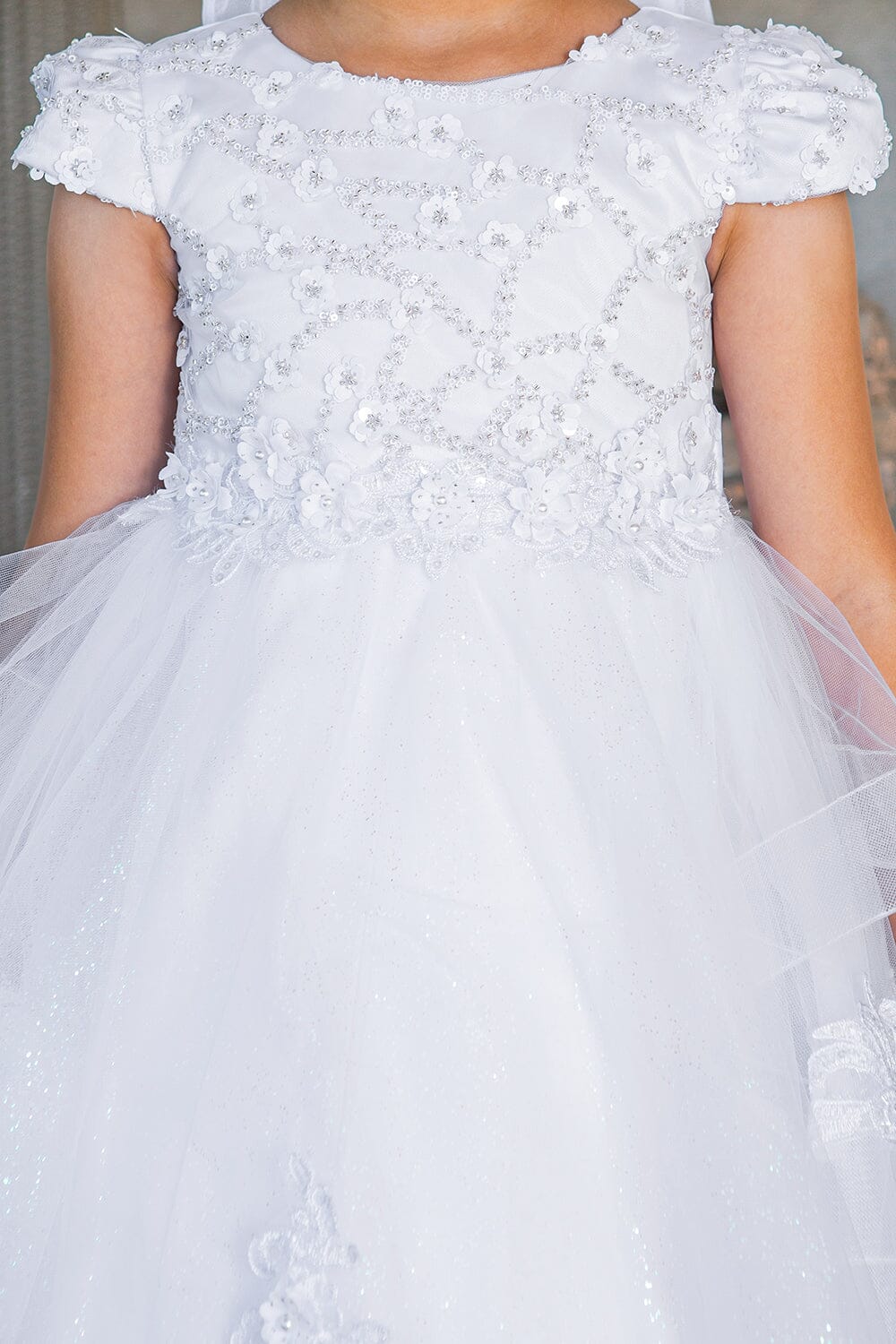 Style# 2017 Elegant satin cap sleeve T-length communion dress with beads and laces, back satin sash, adorned with 3D flower lace.