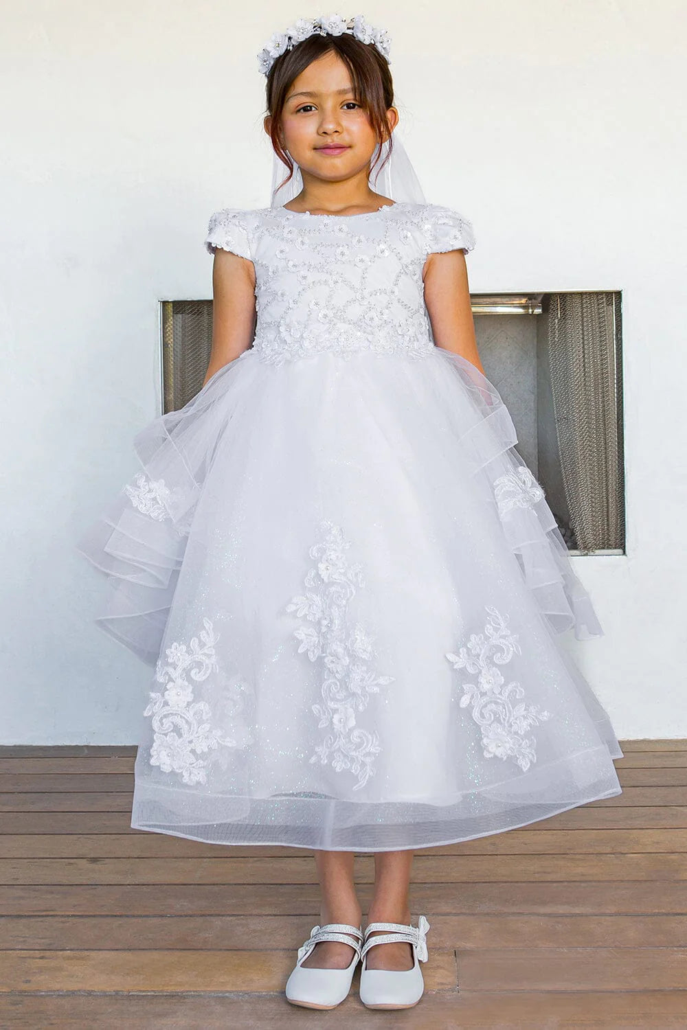 Style# 2017 Elegant satin cap sleeve T-length communion dress with beads and laces, back satin sash, adorned with 3D flower lace.
