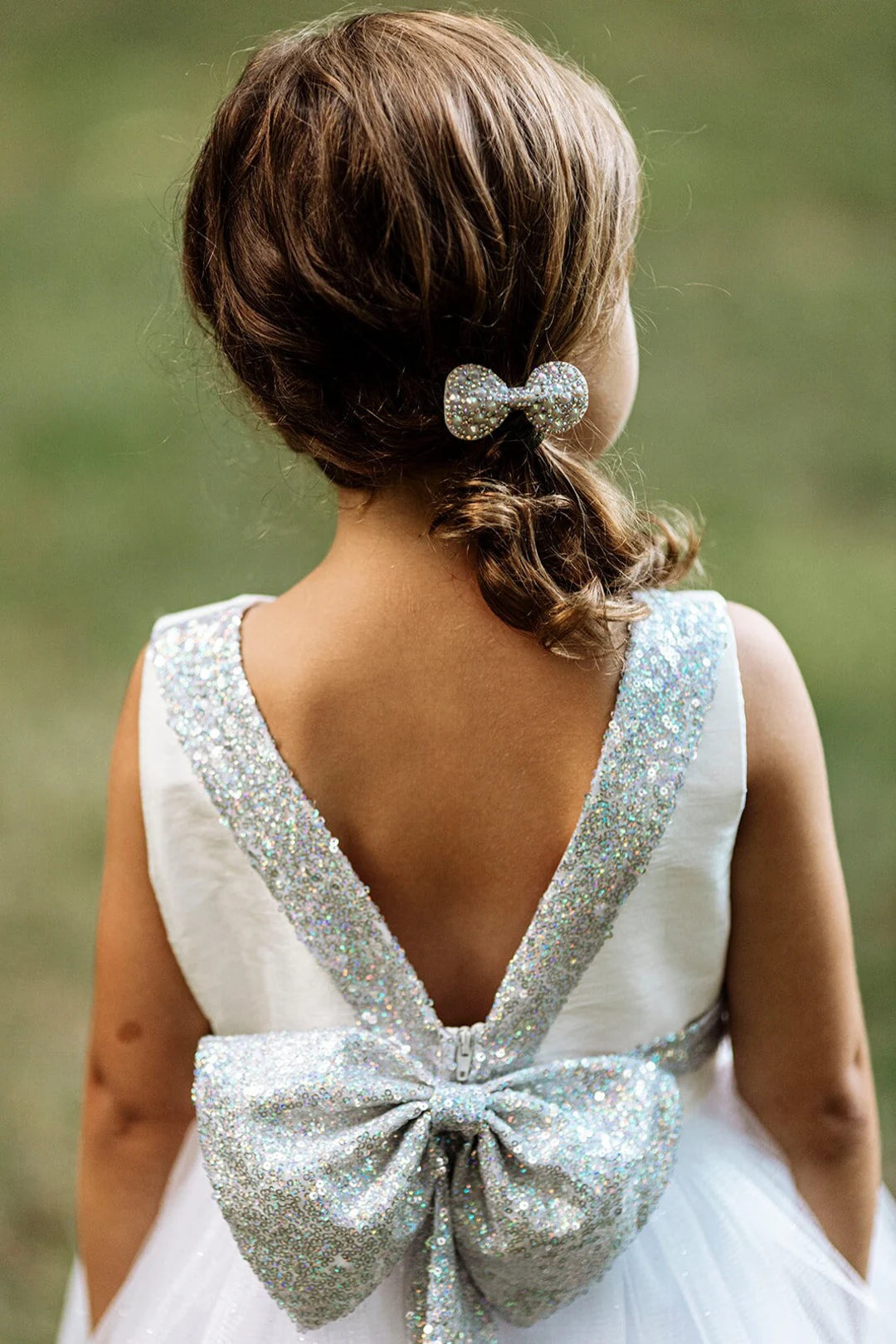 Silver Sequin Back V Dress Ivory