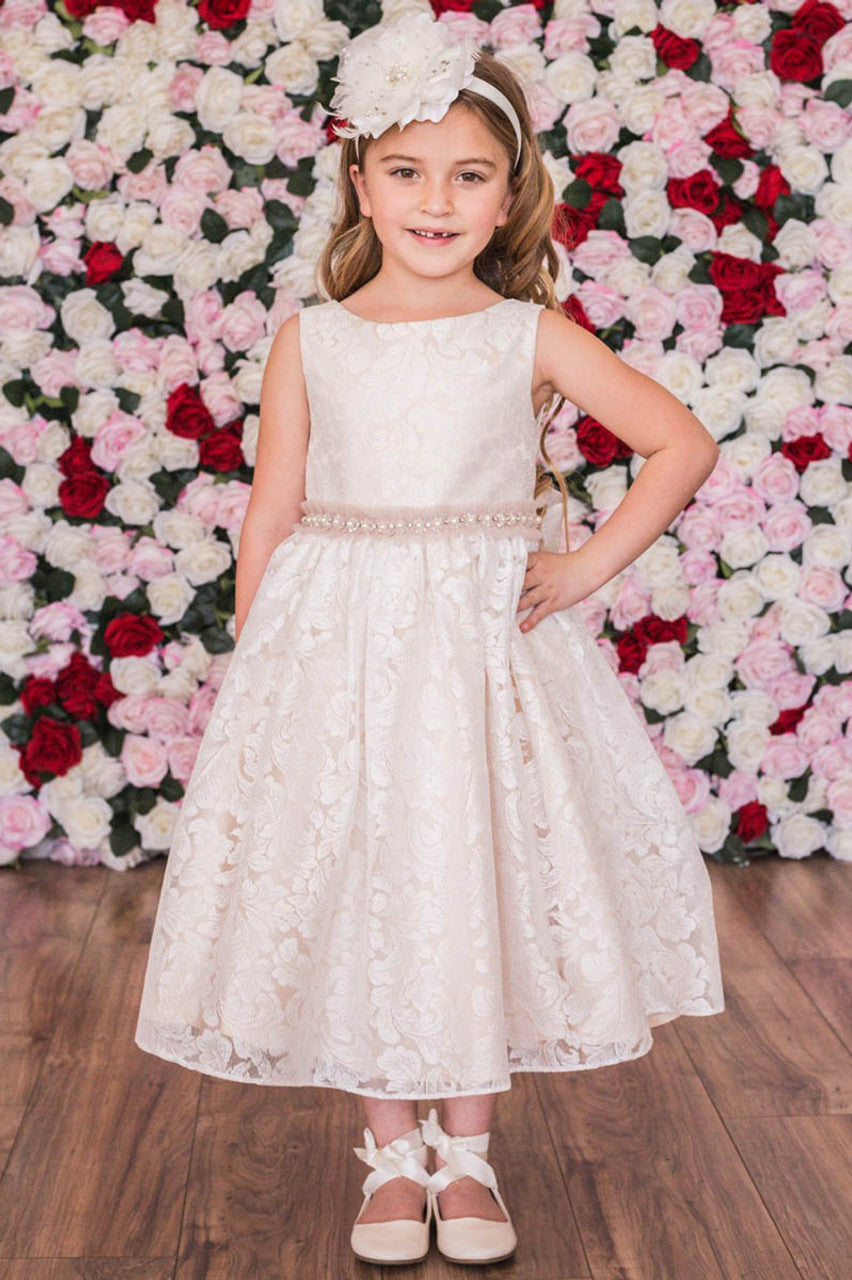 Lace V Back Bow Dress w/ Mesh Pearl Trim