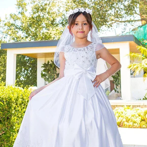 2912 Communion Dress Girls Elegant illusion top satin cap sleeve T-length 6-16