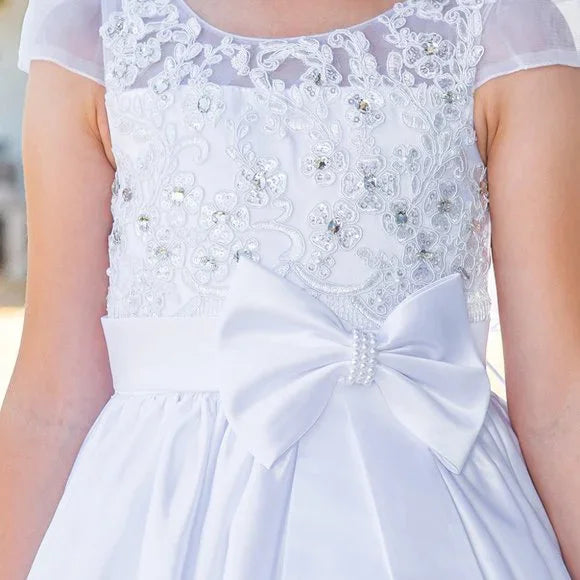 2912 Communion Dress Girls Elegant illusion top satin cap sleeve T-length 6-16