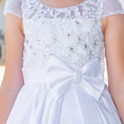 2912 Communion Dress Girls Elegant illusion top satin cap sleeve T-length  6-16