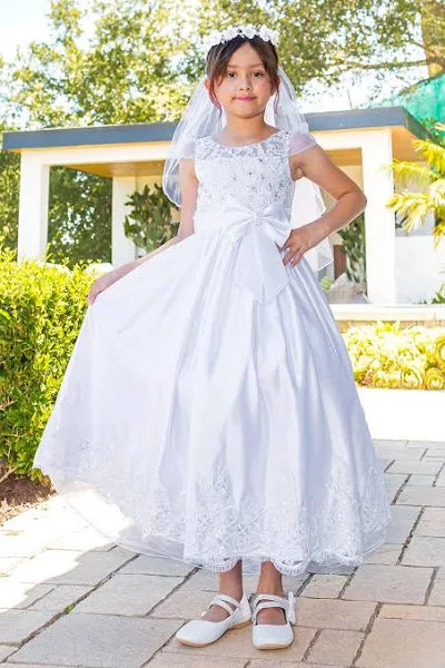 2912 Communion Dress Girls Elegant illusion top satin cap sleeve T-length 6-16