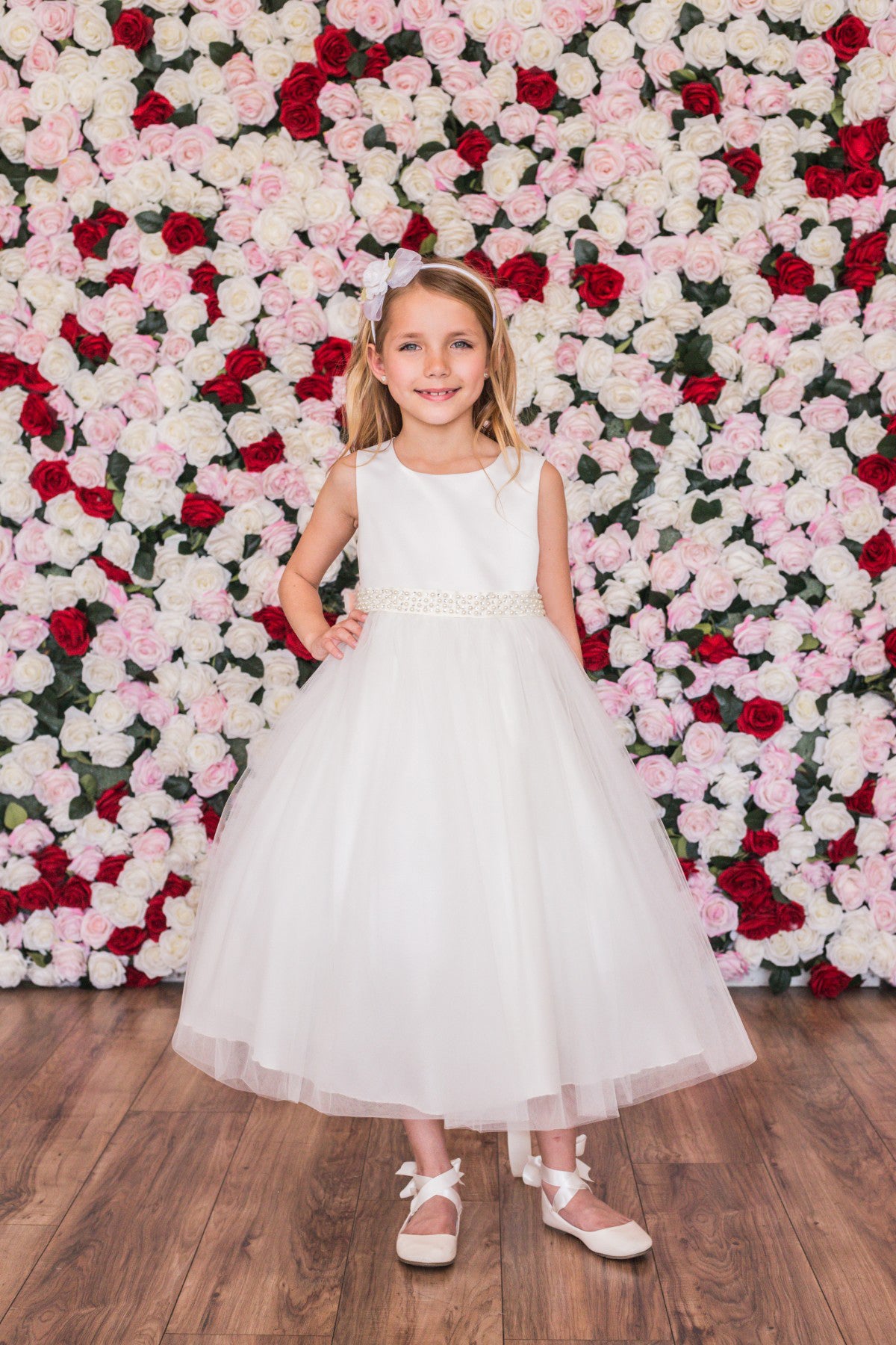 Style No. 411-S Pearl Rhinestone Satin Tulle Dress