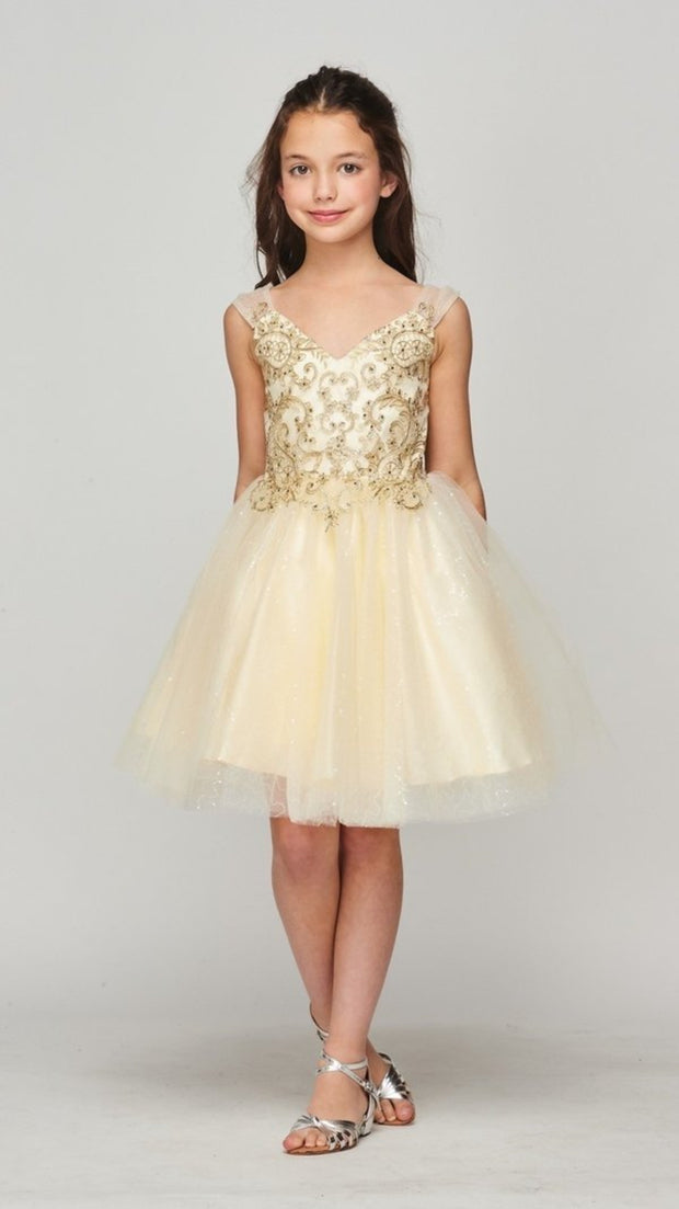#5104 Beautiful V neck gold coil tulle dress. Great for any occasions