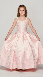 Style #8009 Elegant Strap Twill Satin long pageant dress with rhinestones
