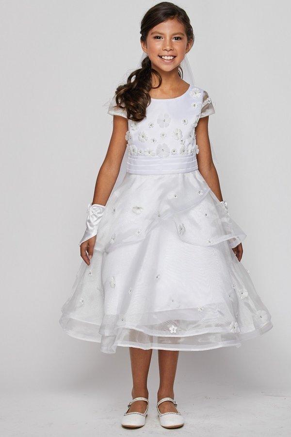 # 2903 Communion Dress Elegant layered skirt, cap sleeve, 3D flower satin organza dress.