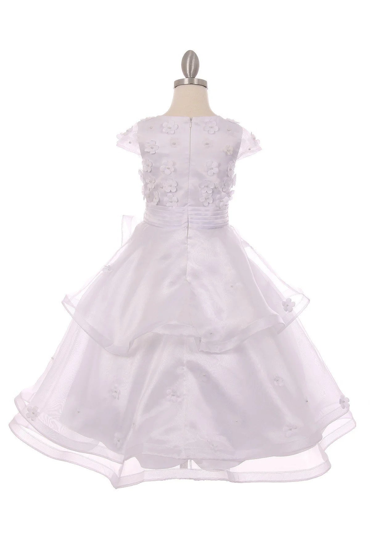 # 2903 Communion Dress Elegant layered skirt, cap sleeve, 3D flower satin organza dress.