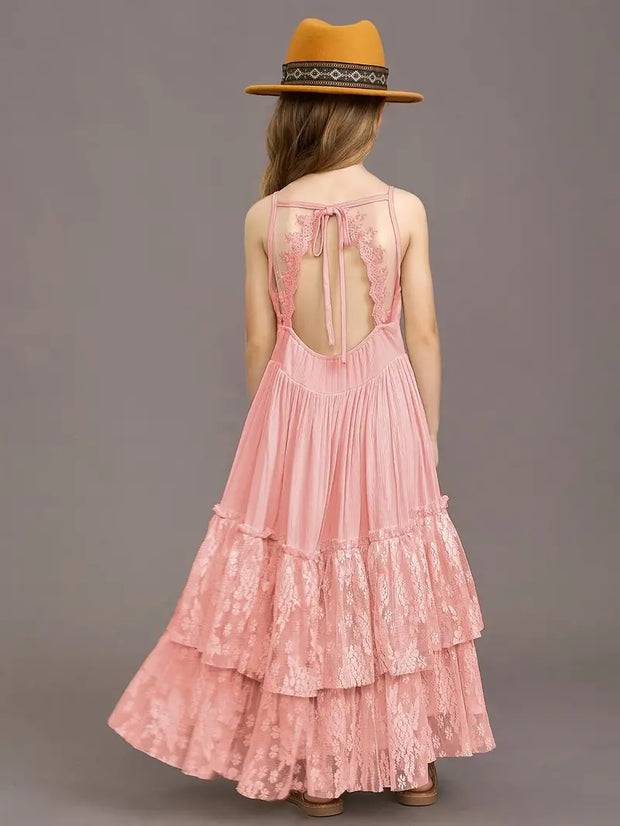 Arianny Summer Dress - Girls' Halter Lace Maxi Dress - Backless - Light Pink