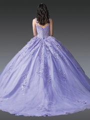 Elegant V-Neck Ball Gown Quinceañera Dress with Embroidered Floral Details and Sheer Overlay Quinceanera Dress