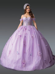 Strapless Quinceañera Gown with Beaded Bodice and Floral Appliqué Skirt