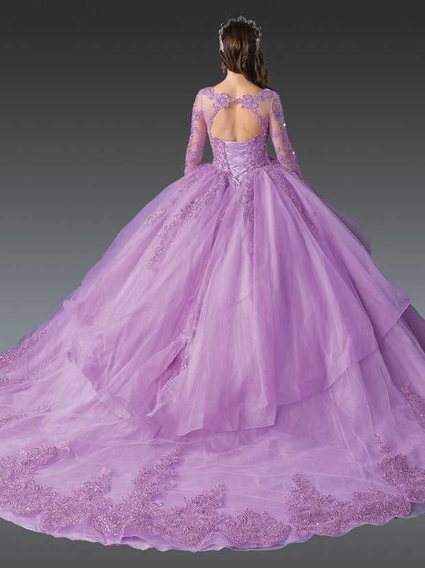 Opulent Ball Gown Quinceañera Dress with Long Sleeves, Embroidered Lace, and Sheer Neckline QUINCEANERA dress