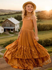 Arianny Summer Dress - Girls' Halter Lace Maxi Dress - Backless -Light Brown