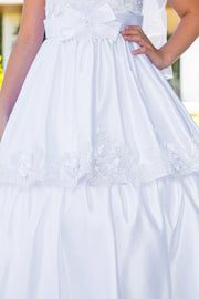 2910 Communion Dress Girls White Illusion Top Satin Cap Sleeve Dress 6-16