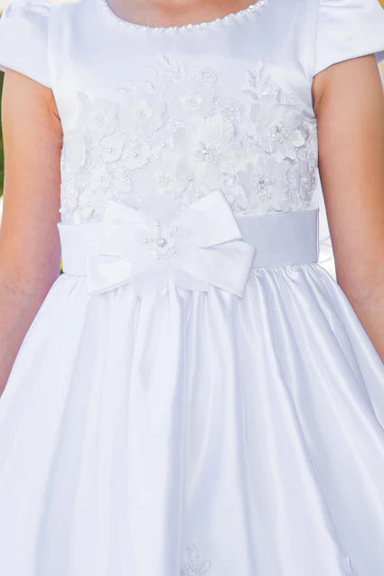 2910 Communion Dress Girls White Illusion Top Satin Cap Sleeve Dress 6-16