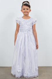 2911 Girls White Satin Cap Sleeve T-length Communion Dress 6-16