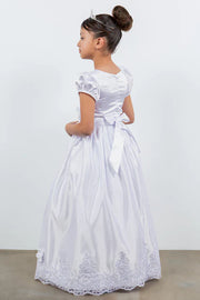 2911 Girls White Satin Cap Sleeve T-length Communion Dress 6-16