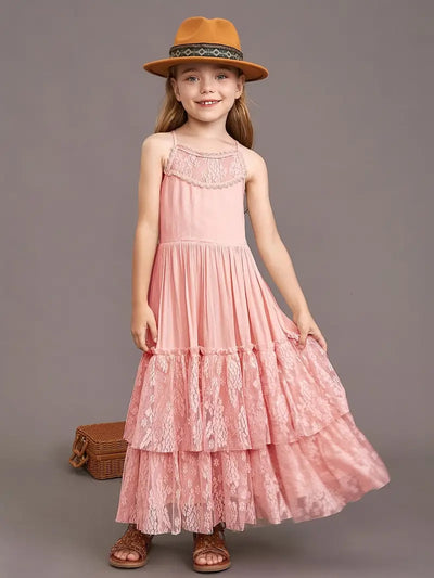 Arianny Summer Dress - Girls' Halter Lace Maxi Dress - Backless - Light Pink