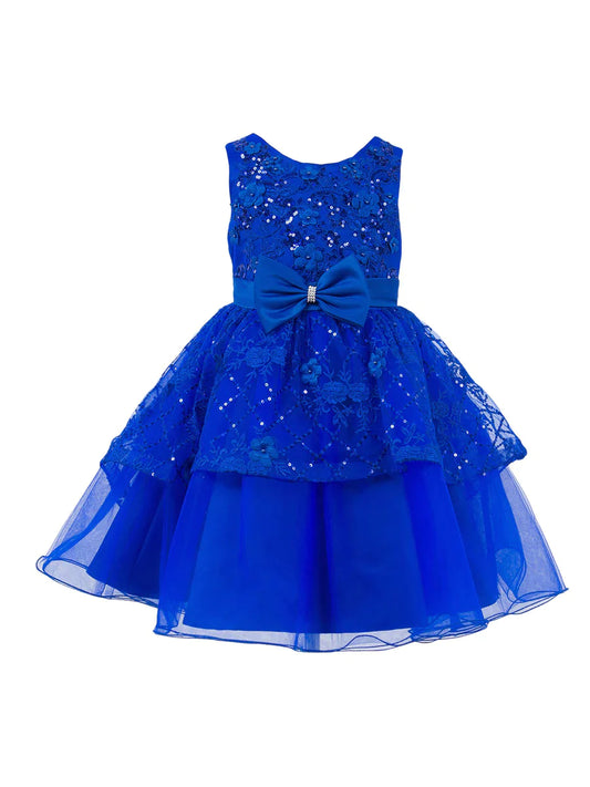 Elegant sleeveless sequin top, ribbon waistline and layered skirt/Royal