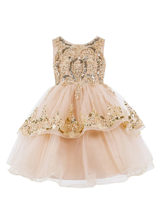Elegant sleeveless sequin lace dress decorated with sequin flowers.